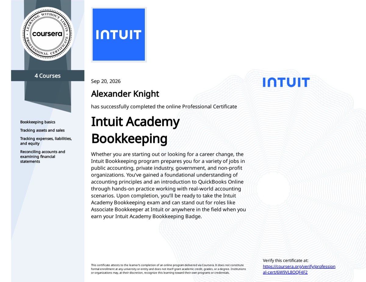 Intuit Academy Bookkeeping professional certificate awarded to Alexander Knight